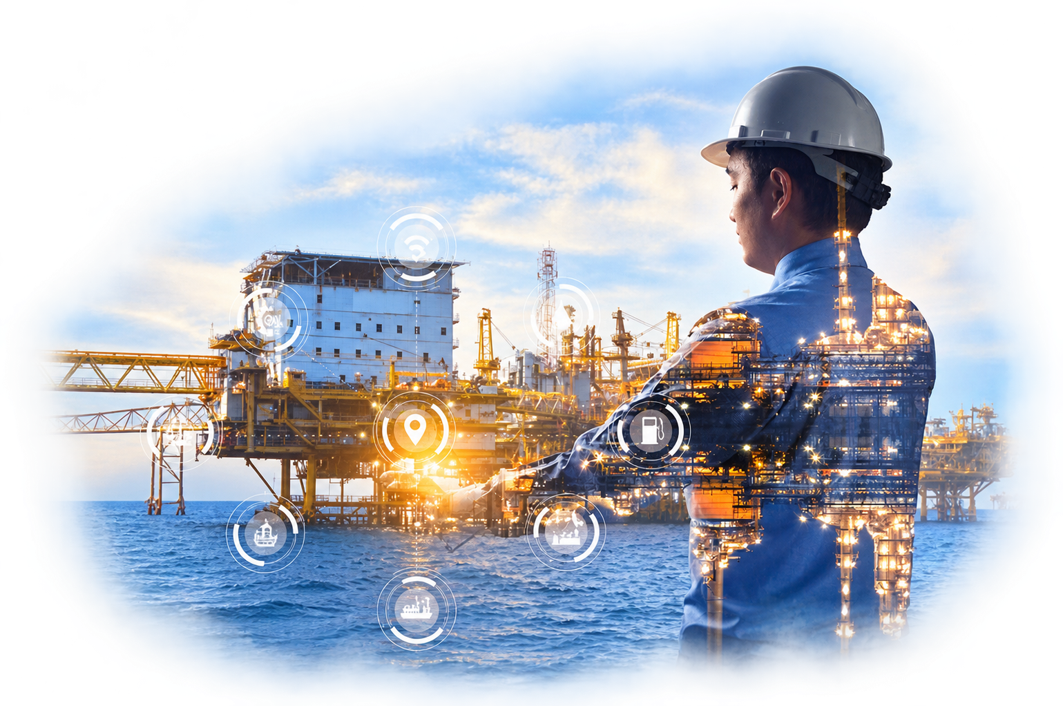 Engineer overlooking offshore oil and gas facilities — integration and engineering